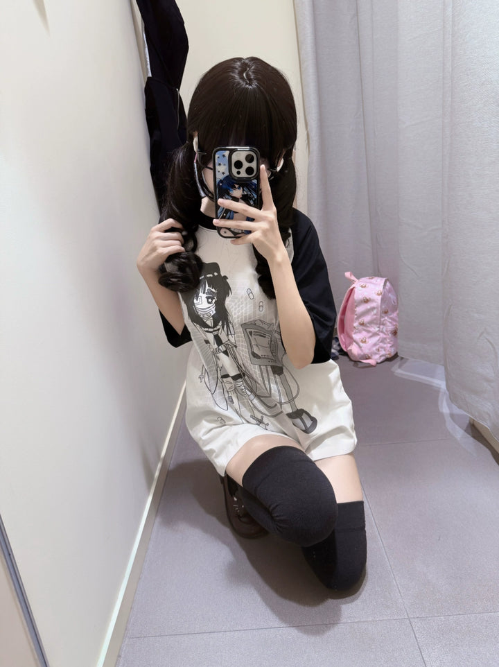 Cotton Jirai Kei T-shirt with Bandaged Girl & ECG Print 42906:757317