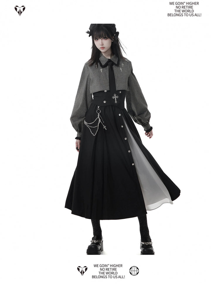 Gothic Striped Blouse, Black Skirt Set 44172:800223