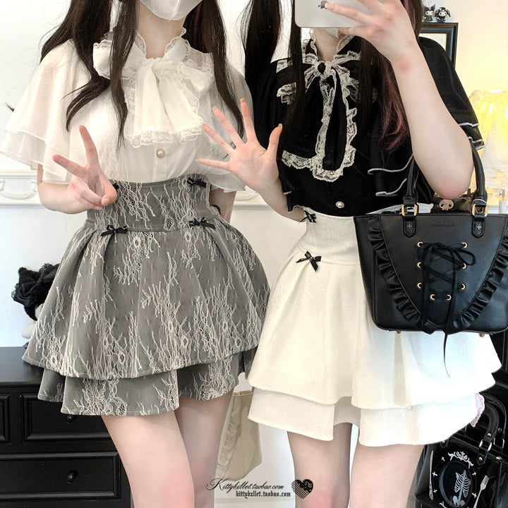 Caped Chiffon Jirai Kei Blouse With Hand-tied Bow 43106:768473