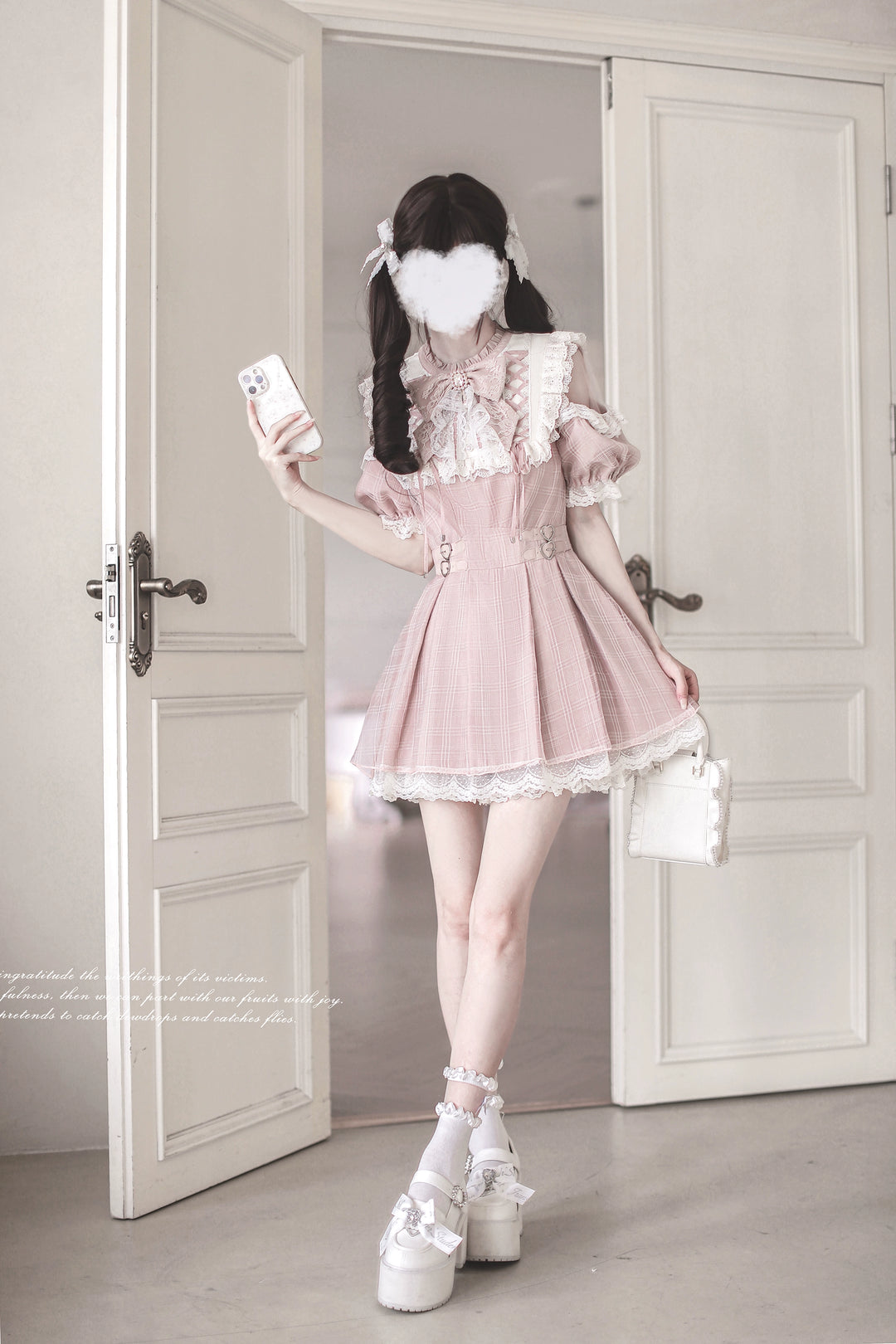 Pink Ryousangata Dress, Lace Trim & Square Rhinestone Bow 43193:770335
