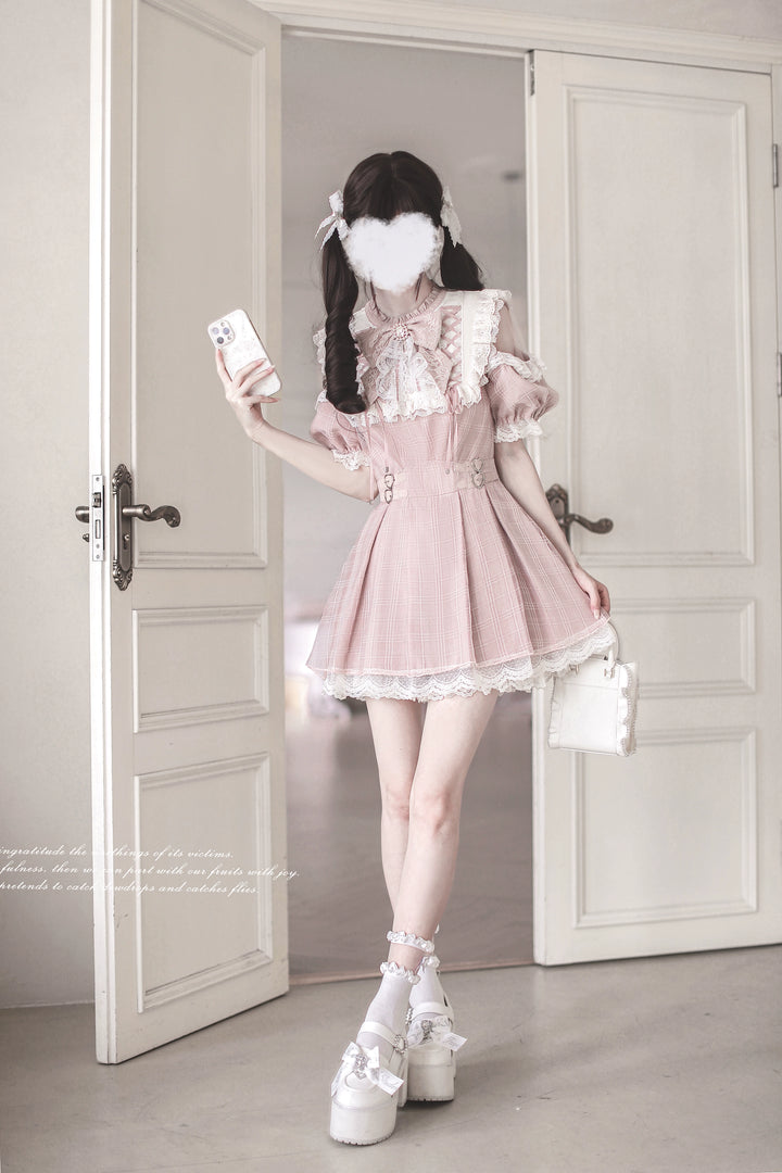 Pink Ryousangata Dress, Lace Trim & Square Rhinestone Bow 43193:770335