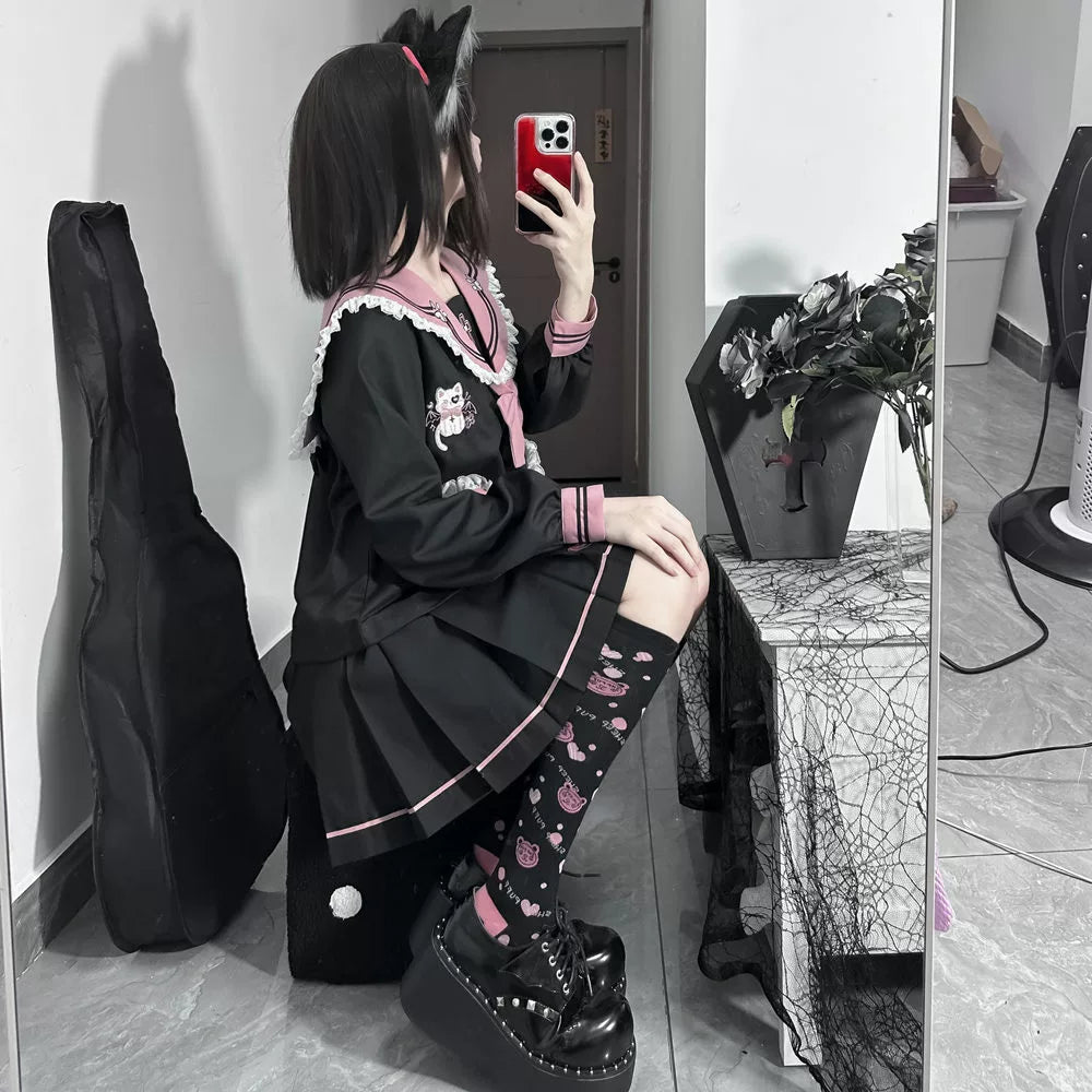 Kawaii JK Uniform Suit Sailor Collar Blouse & Pleated Skirt 43024:762278