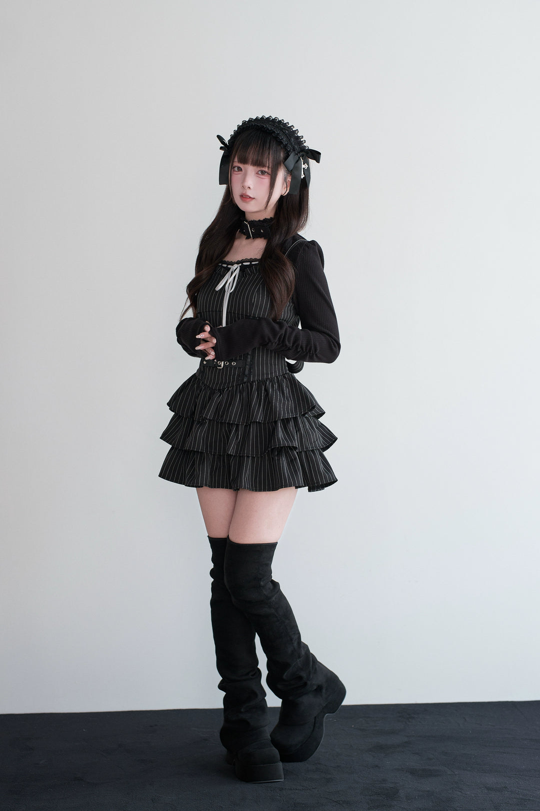 Jirai Kei Strappy Mini Dress, Tiered Ruffles 44328:805468
