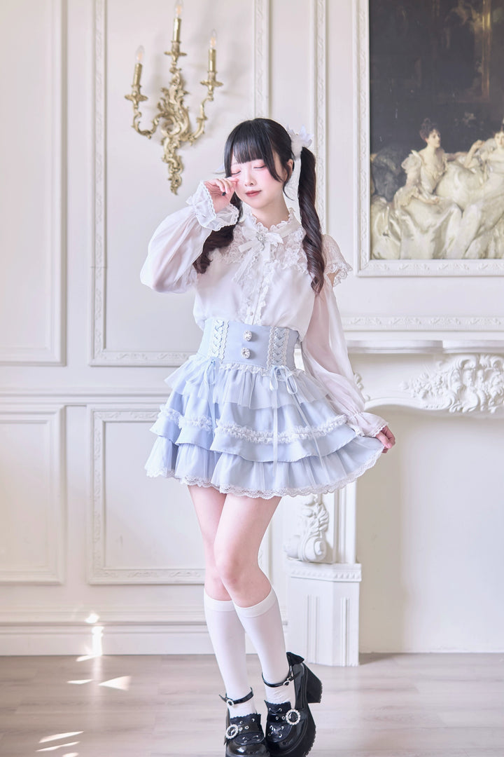 Jirai Kei Ruffle Tiered Skirt with Lace and Bows Multicolor 42894:758568