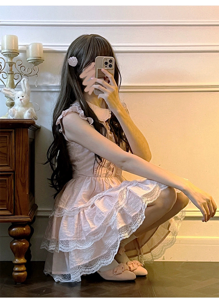 Sweet Style Lace Trim Dress, Tiered Ruffles 43546:779180