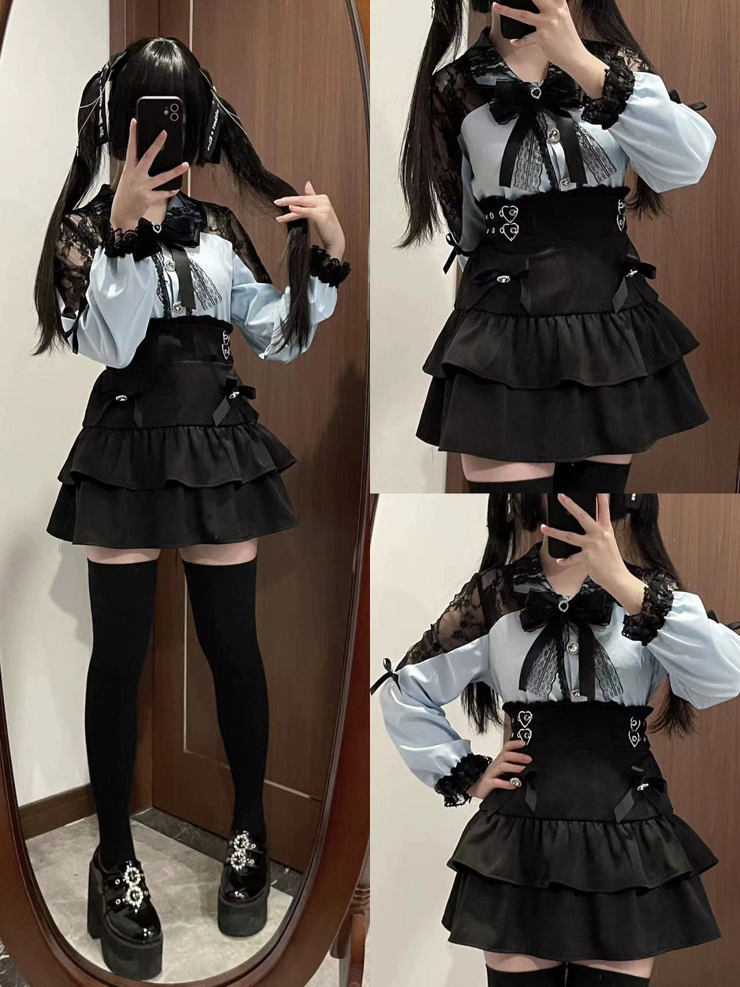 Jirai Kei Skirt Set Lace Collar Blouse A-line Skirt Set (L M S) 39534:628796