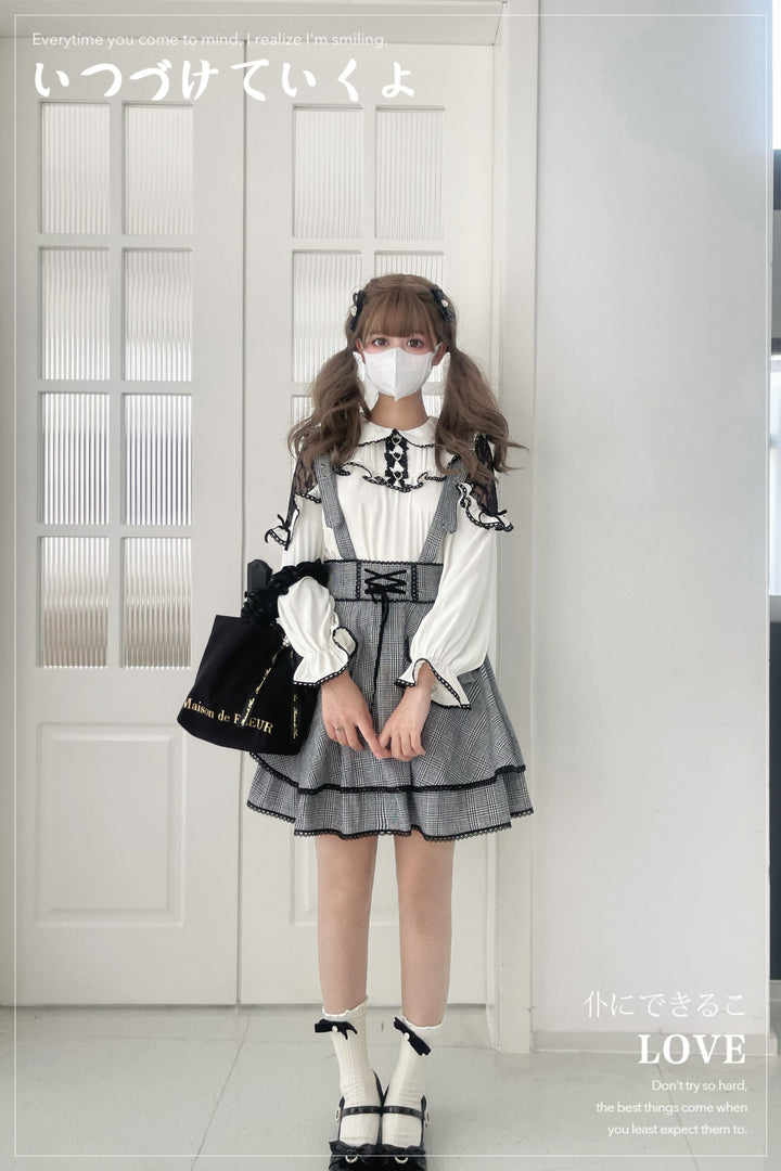 Jirai Kei Blouse White Lace Shirt Plaid Skirt Overall Dress 32960:431772