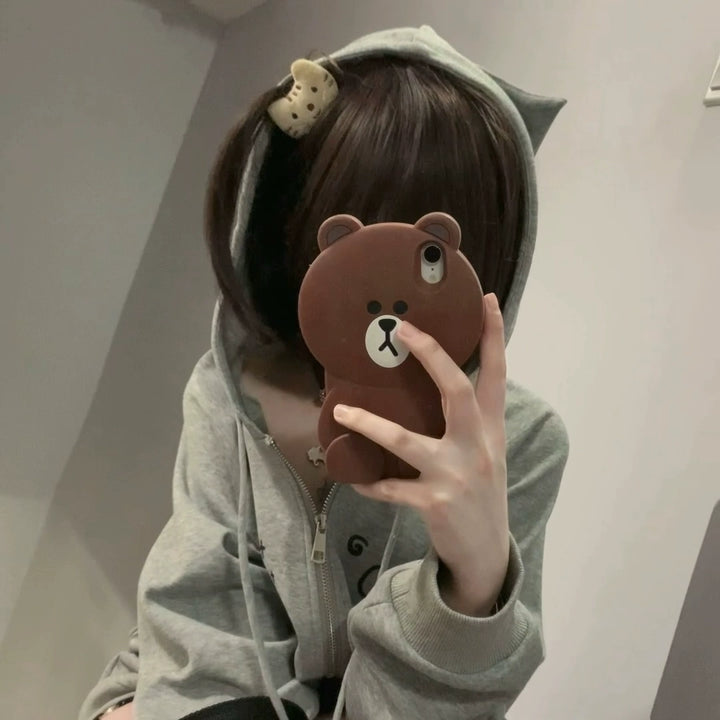 Kawaii Cat Ear Hooded Jacket, Bandage & Fishbone Print 43324:774188