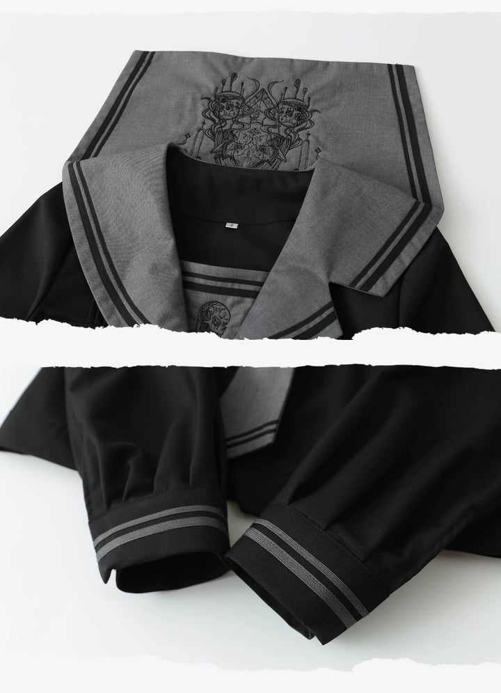 Black JK Uniform Sailor Collar Blouse Pocketed Pleated Skirt 43025:762738
