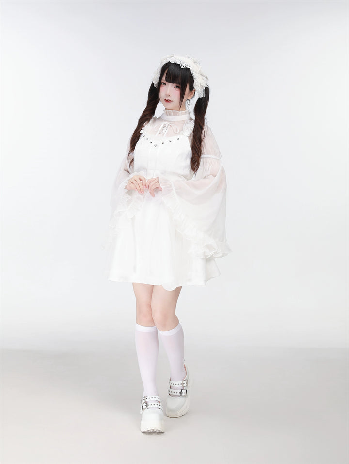 Black/White Jirai Kei Jumper Dress & Hime-Sleeved Sheer Blouse 43326:773603
