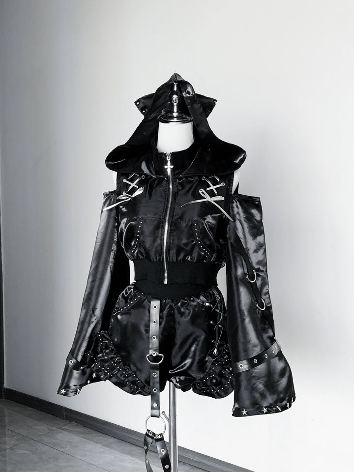 Gothic Hooded Crop Jacket & Shorts Set, Cat Ear (L S) 46064:874089