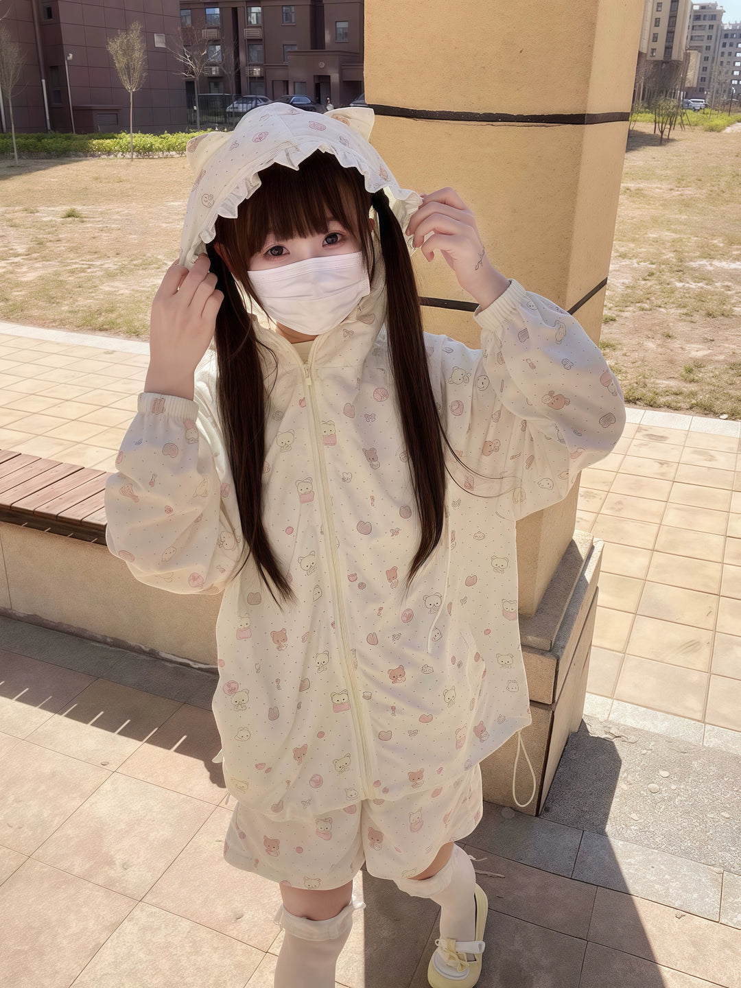 Kawaii Hooded Sunscreen Jacket with Cat Ears & Animal Prints 42905:759088