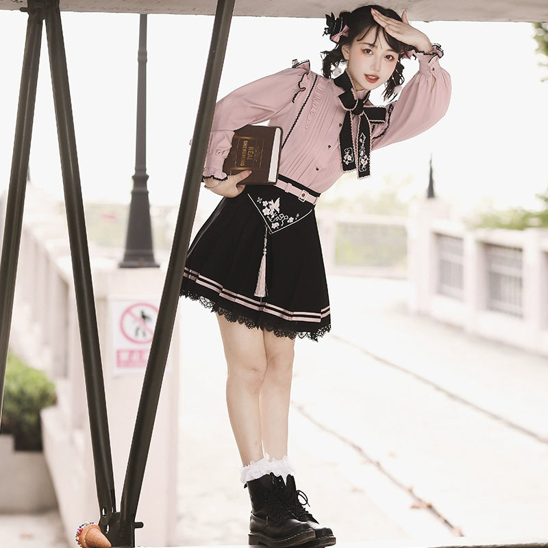Pink Jirai Kei Blouse Black Skirt Chinese Hanfu Two-piece Set 22036:362434