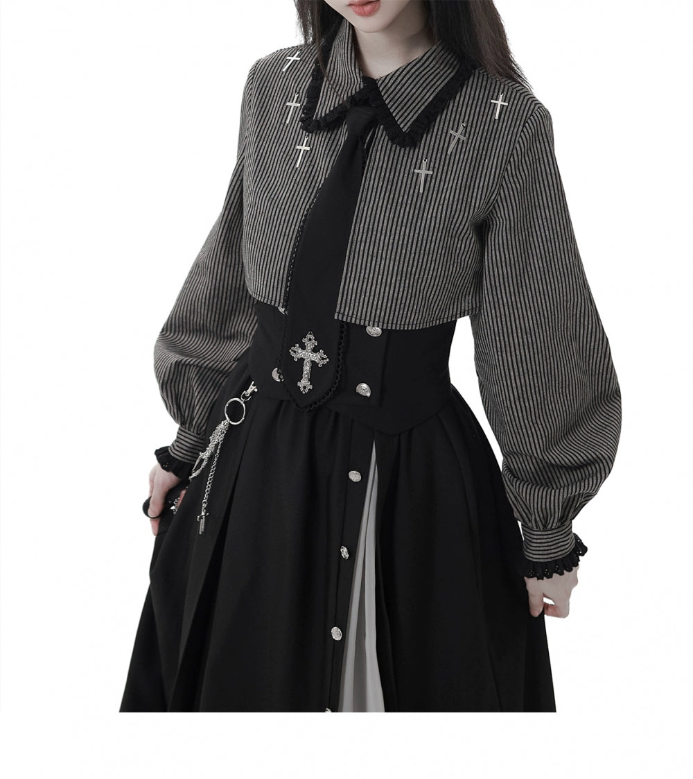 Gothic Striped Blouse, Black Skirt Set 44172:800229