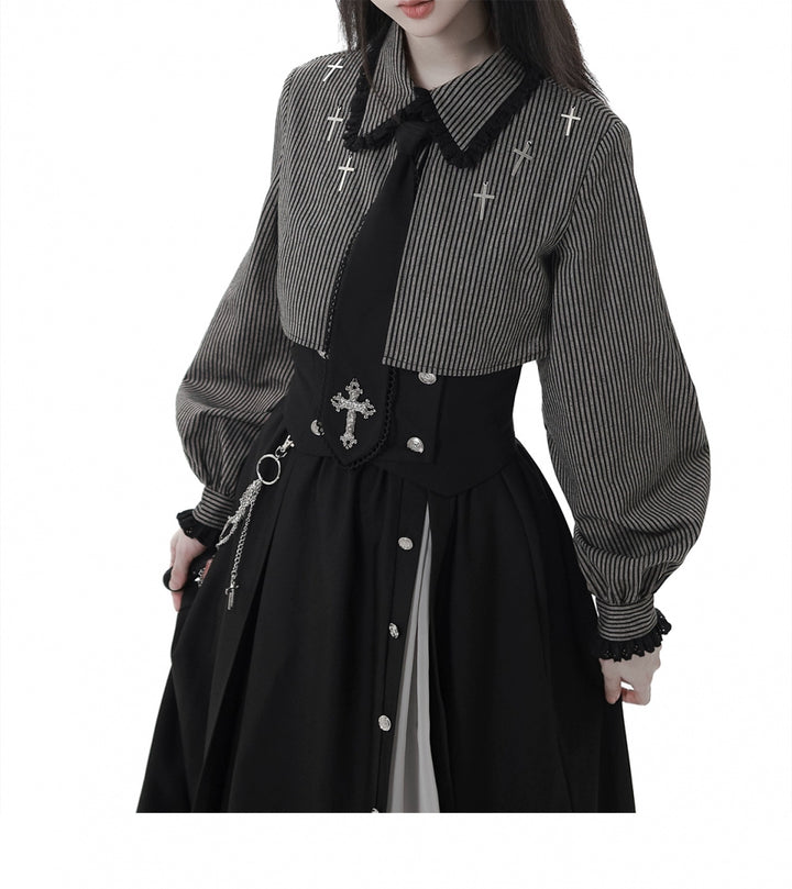 Gothic Striped Blouse, Black Skirt Set 44172:800229
