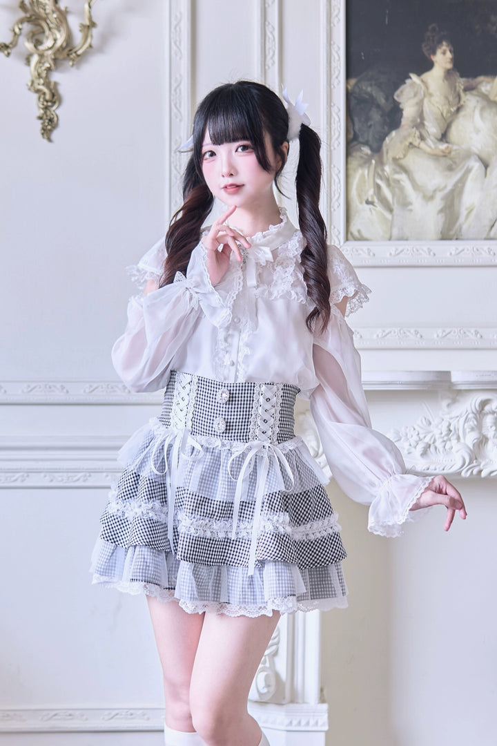 Jirai Kei Ruffle Tiered Skirt with Lace and Bows Multicolor 42894:758573