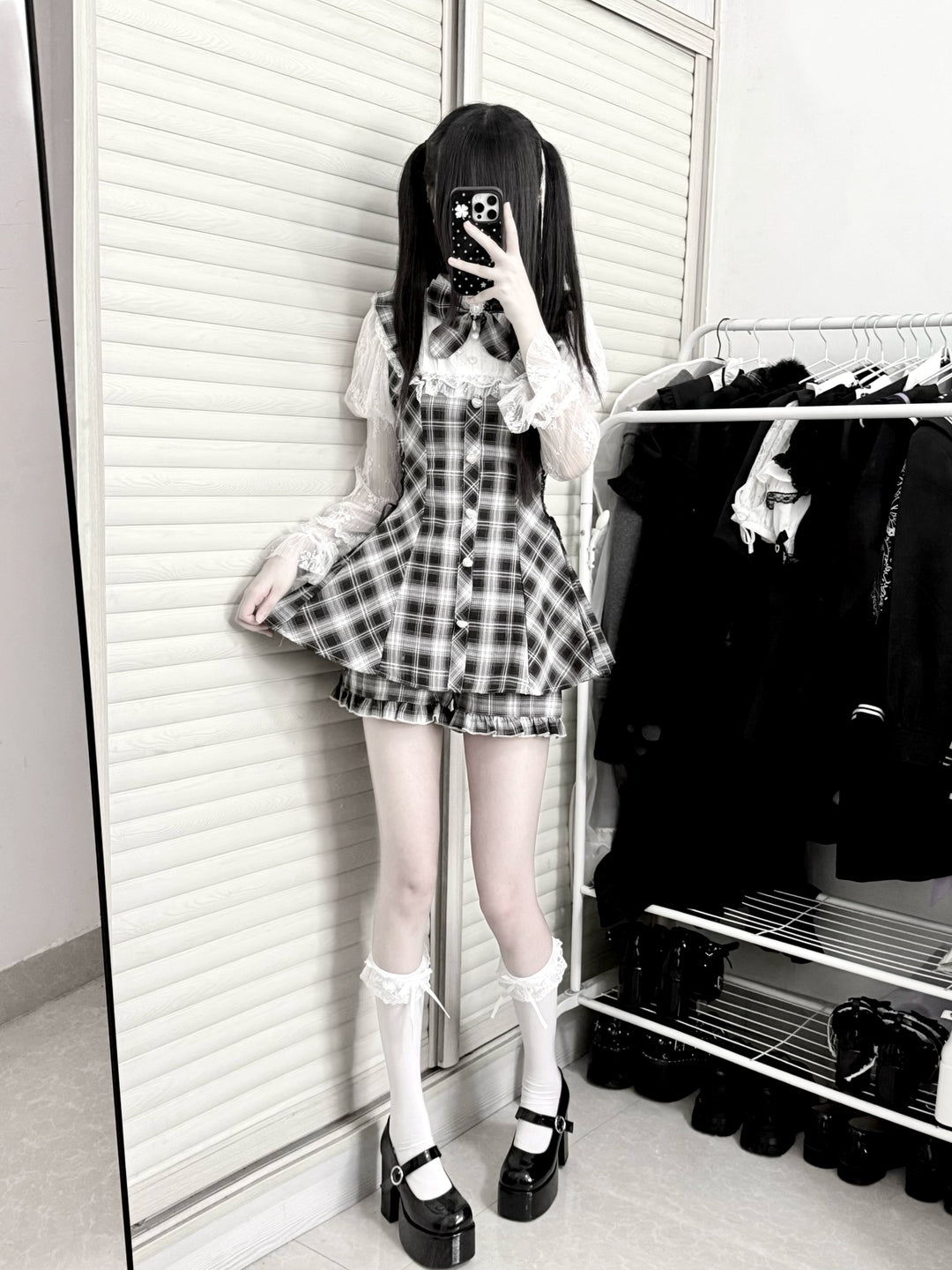 Lace Julie Sleeve Jirai Kei Dress, Elastic Waisted Shorts, Pocket 43578:780327