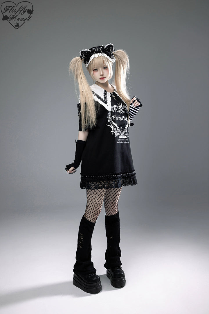 Cotton Sub Jirai Kei T-Shirt Dress, Pointed Collar, Open Shoulder 43373:774808