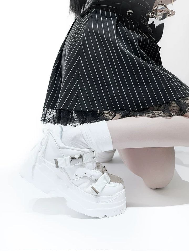 White/Black Punk High Platform Shoes, Metal Buckles 44400:807746