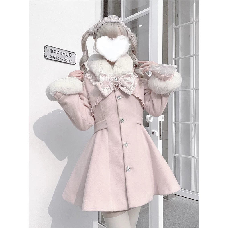 Ryousangata Winter Pink Coat, Removable Faux Fur Trim 44585:816028