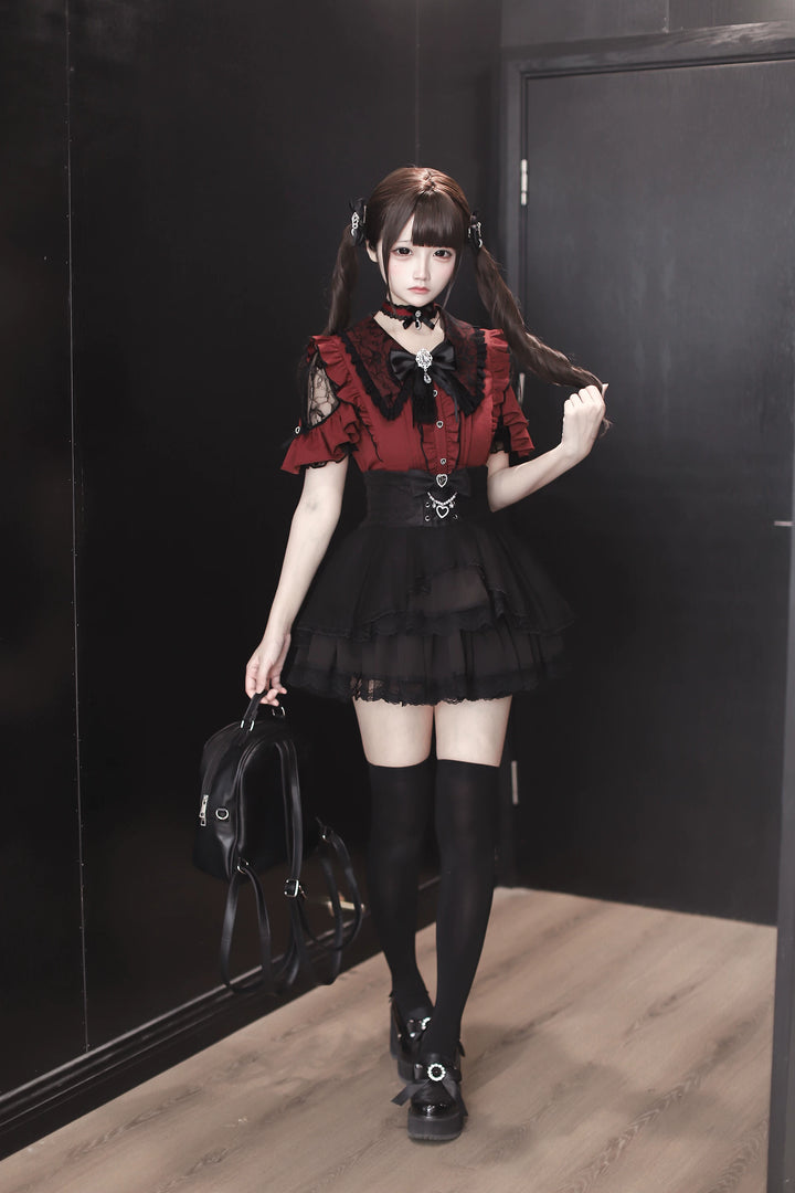 Jirai Kei Lace Sleeve Blouse, Ruffle Details 45194:841363
