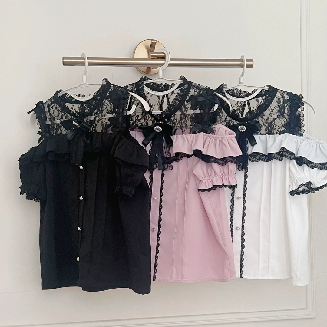 Jirai Kei Blouse with Hallow-out Upper & Rhinestone Bow Tie 42893:757158