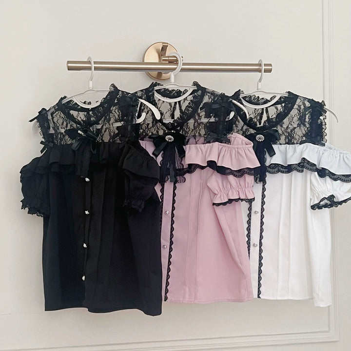 Jirai Kei Blouse with Hallow-out Upper & Rhinestone Bow Tie 42893:757158