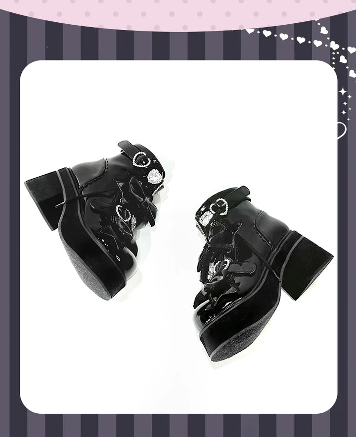Jirai Kei Heeled Ankle Boots, Heart Rhinestone & Bows 45865:873151
