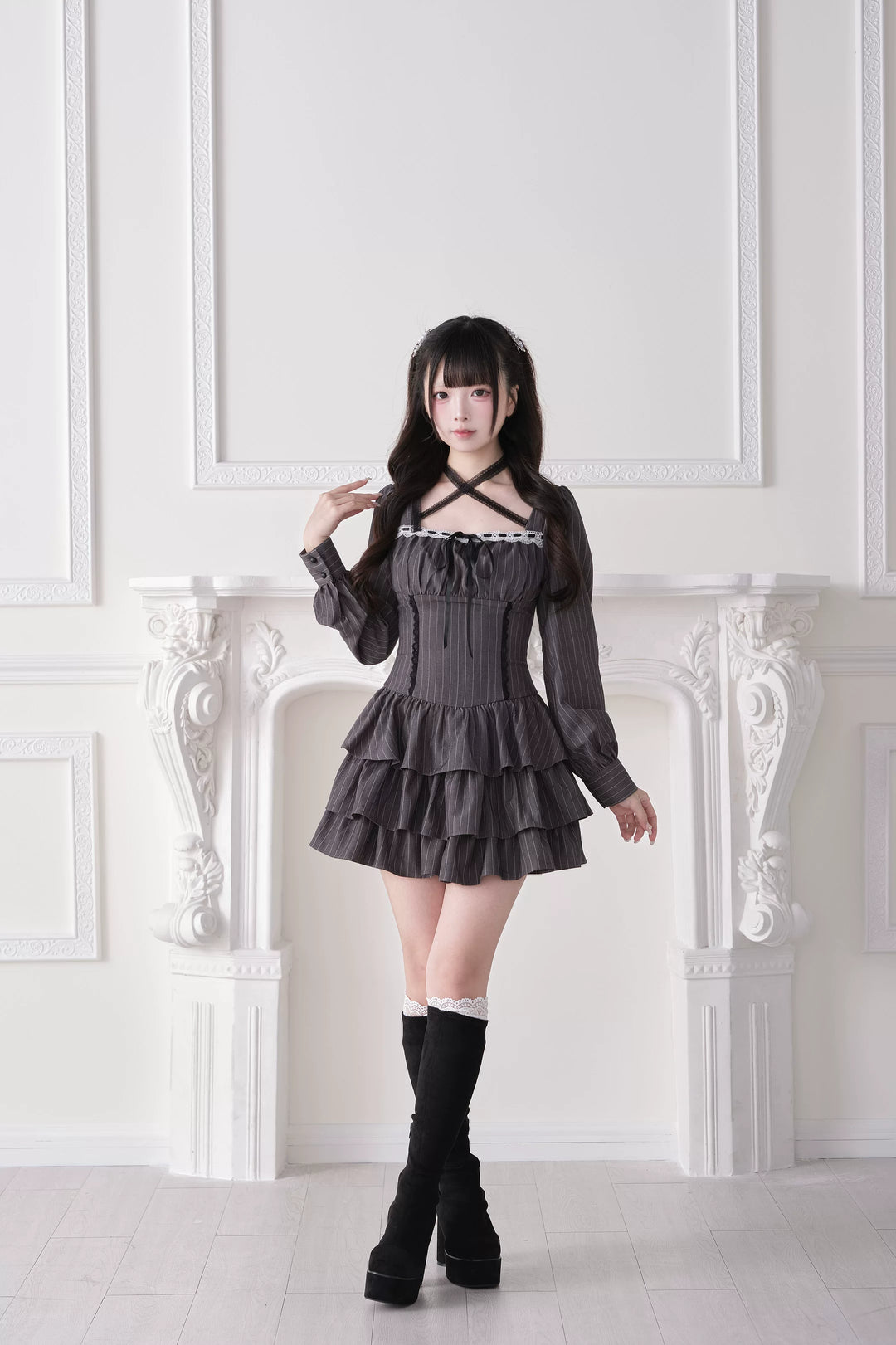 Jirai Kei Halter Neck Dress, Tiered Ruffles 44688:819235
