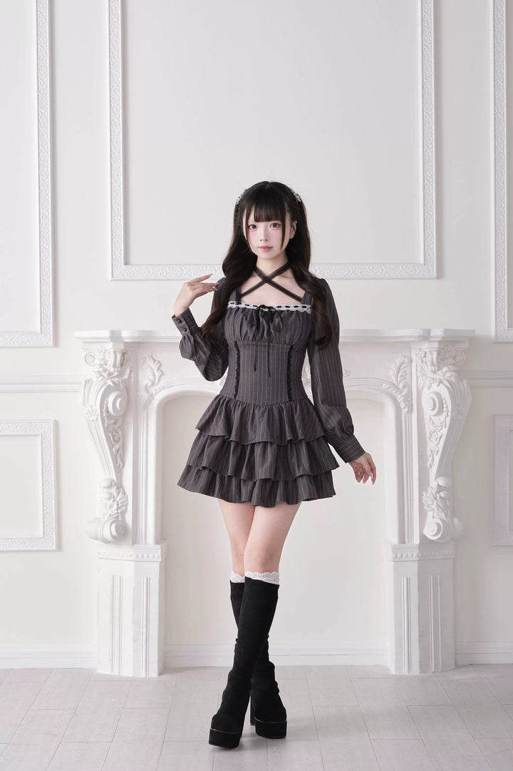 Jirai Kei Halter Neck Dress, Tiered Ruffles 44688:819235