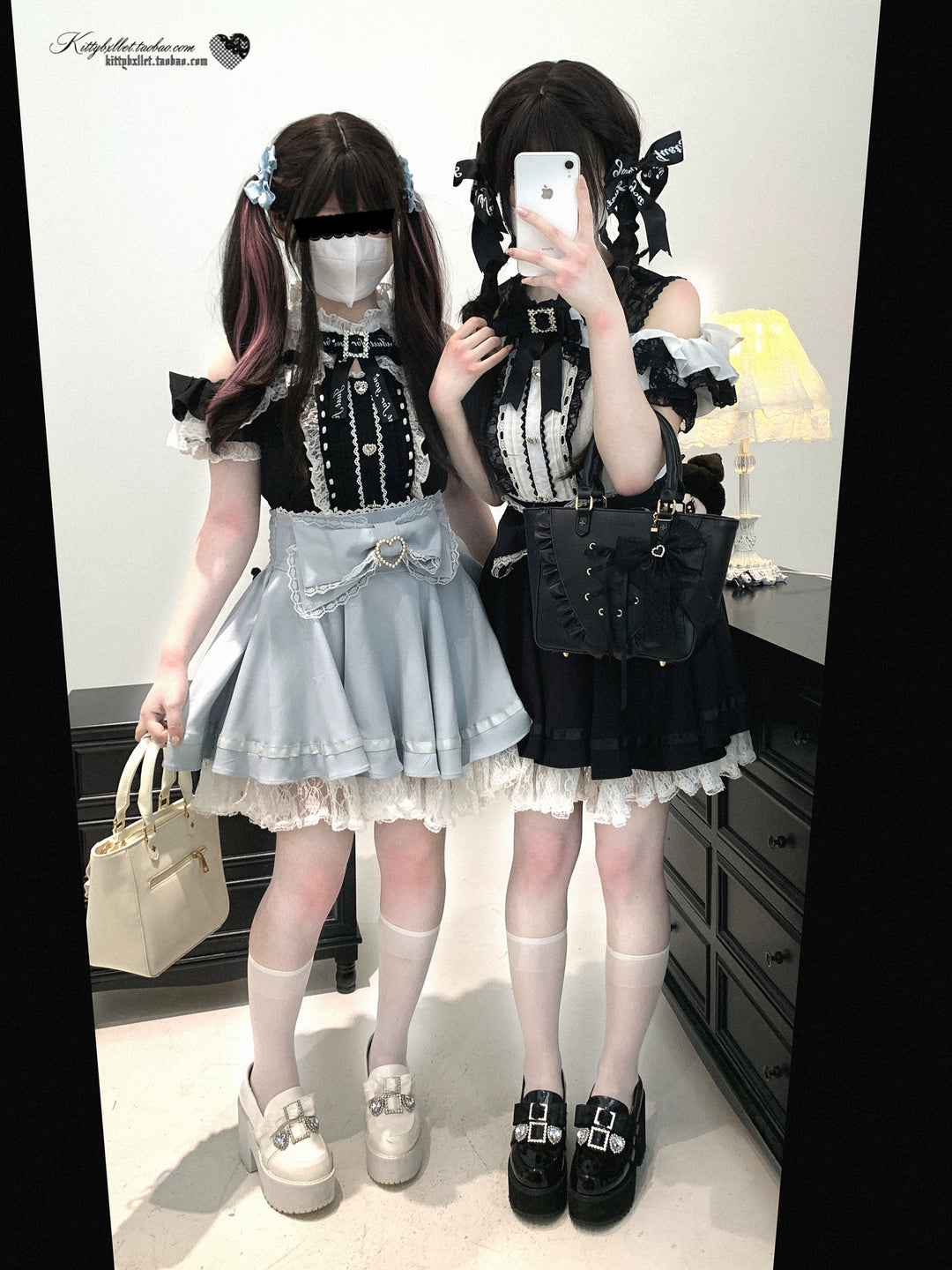 Lace Open Shoulder Jirai Kei Blouse, Heart Rhinestone 43692:783113