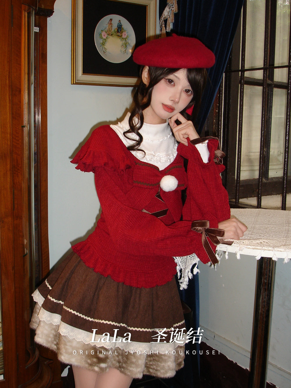 Christmas Red Off-Shoulder Sweater, Ruffled Skirt 44160:798308