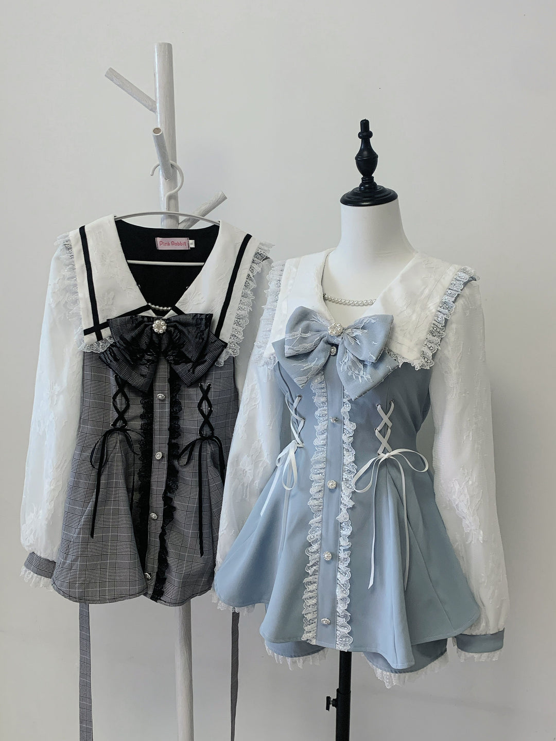 Lace-up Jirai Kei Dress Set with Lace and Rhinestone Button 42784:752965