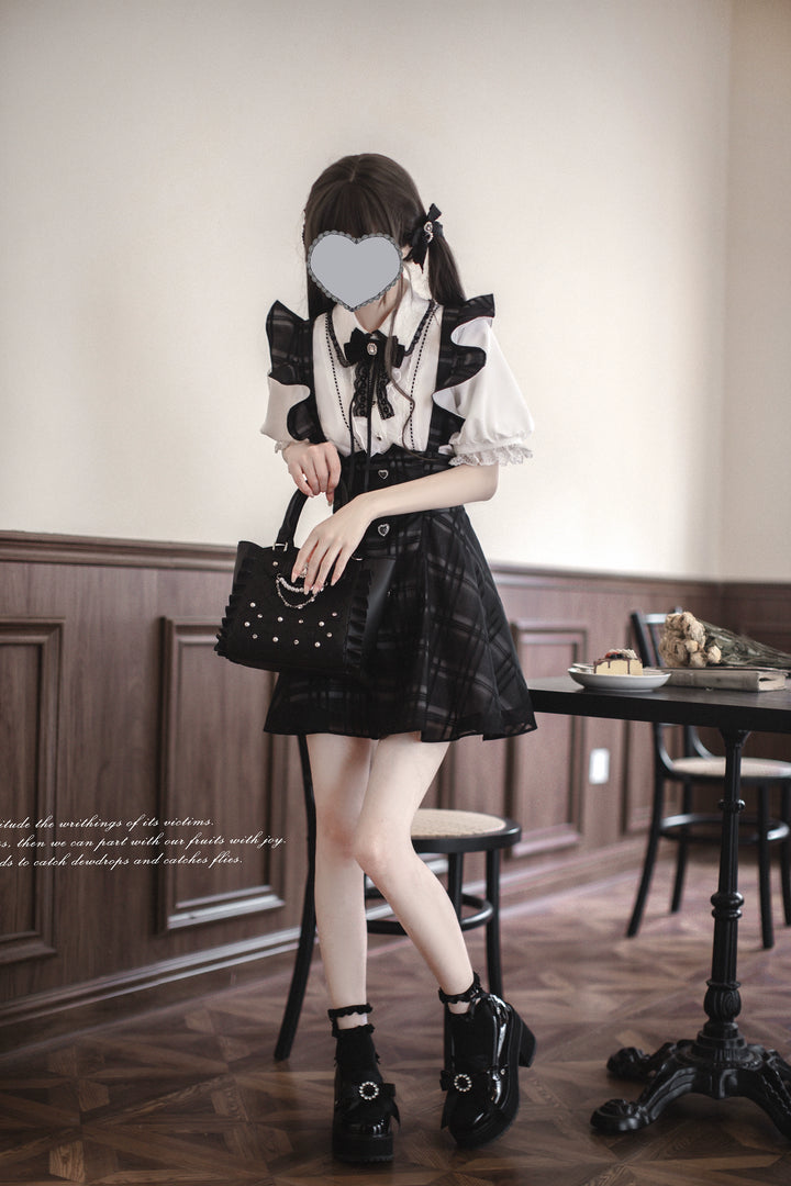 Black Plaid Jirai Kei Suspender Skirt, White Blouse 42918:760673