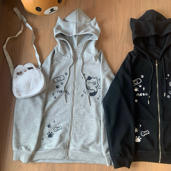 Kawaii Cat Ear Hooded Jacket, Bandage & Fishbone Print 43324:774175