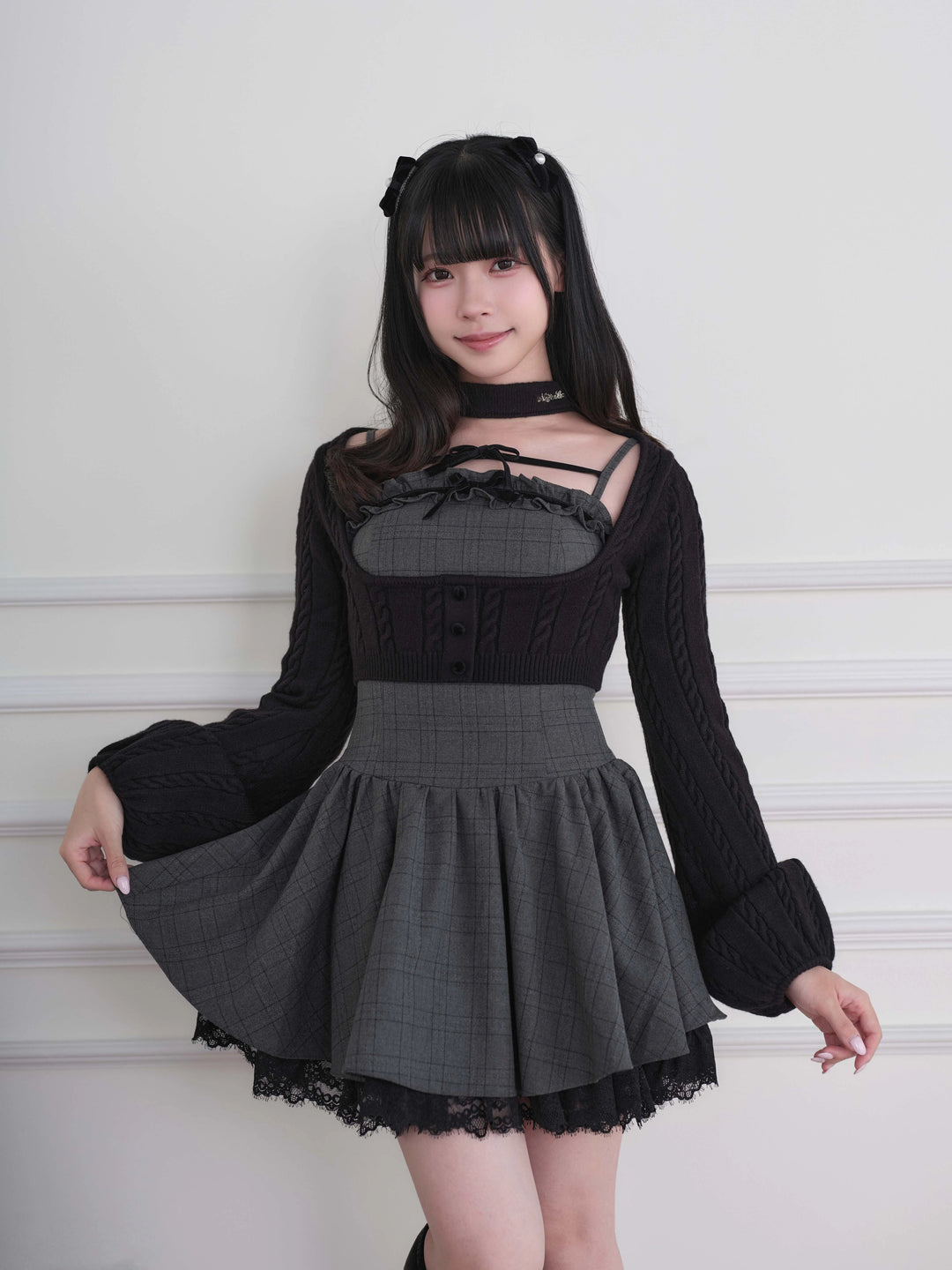 Ryousangata Plaid Dress & Knit Sweater Set, Choker-Neck (M S) 46032:873331