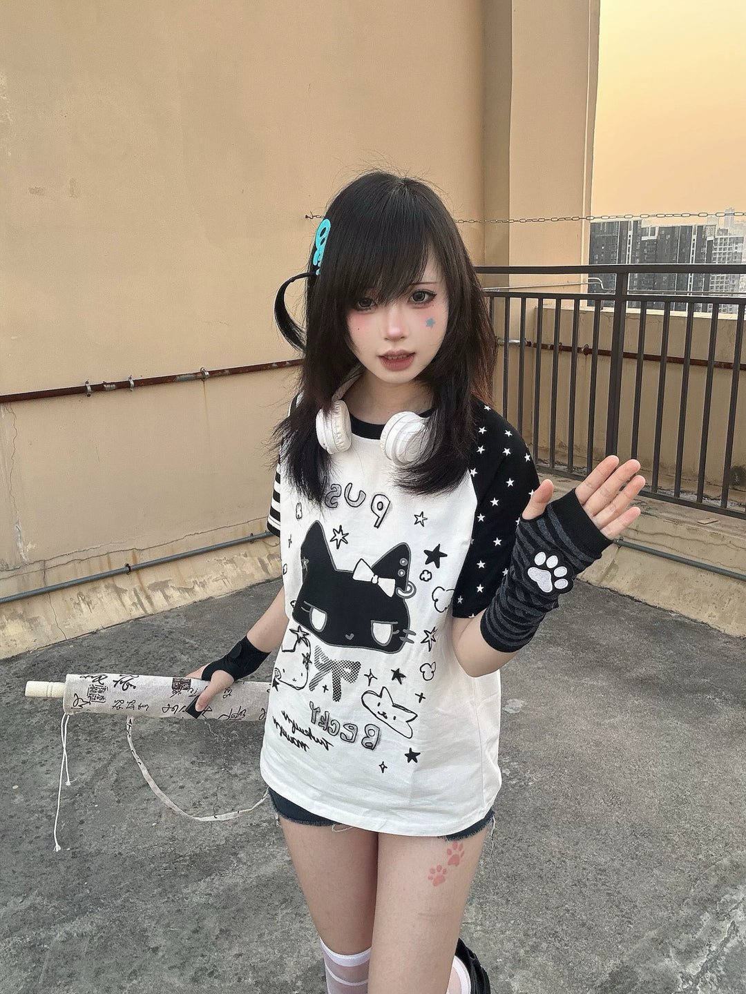 Kawaii Otaku Anime Cat Print Cotton Shirt Black & White 42851:755327