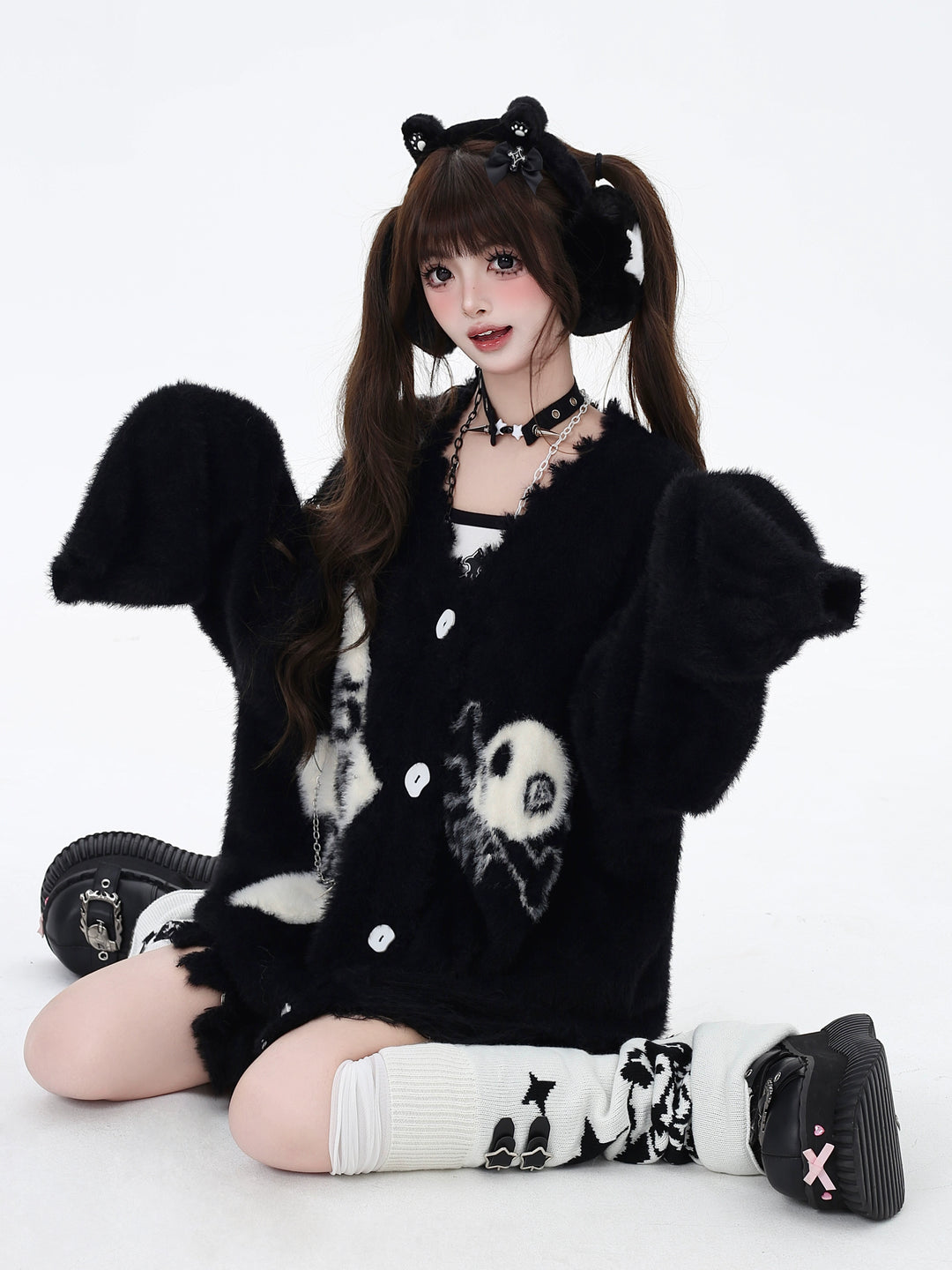Jirai Kei Sweater Irregular Hem Cardigan With Striped Scarf 40922:680450