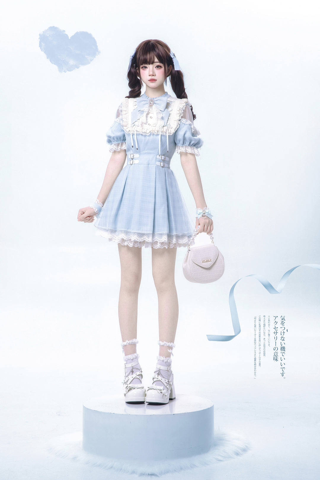 Water Blue Jirai Kei Dress with Box Pleated Skirt And Square Rhinestone 42704:750872