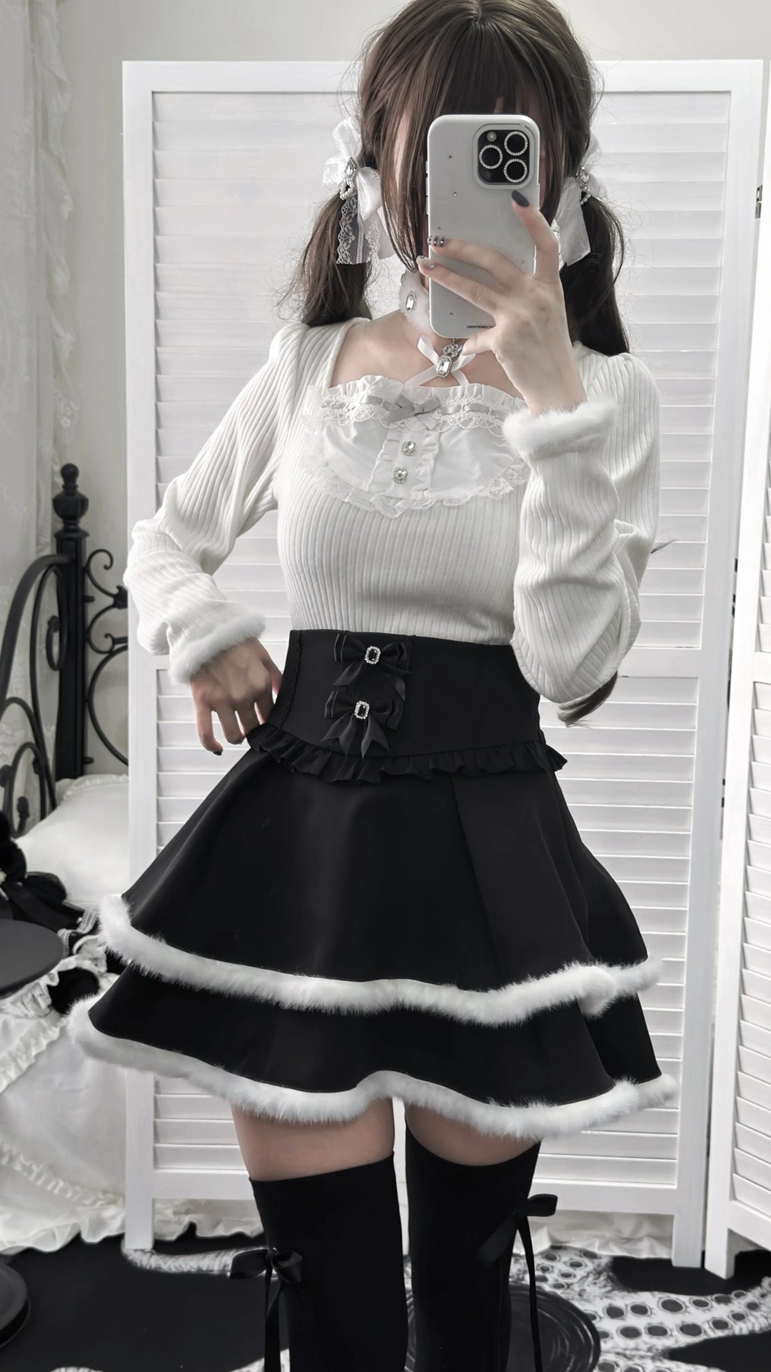 Jirai Kei Black High Waist Skirt, Faux Fur Trim 46105:875445