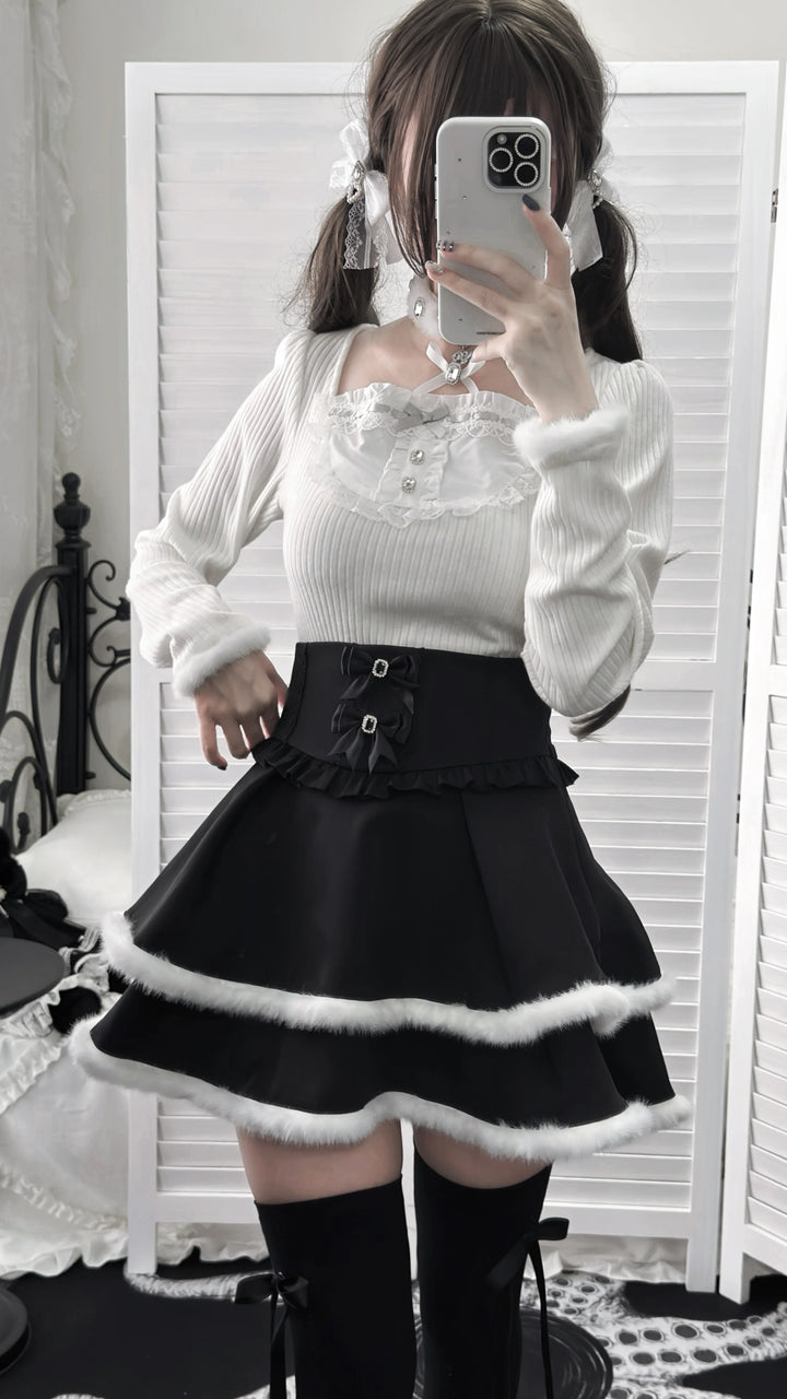 Jirai Kei Black High Waist Skirt, Faux Fur Trim 46105:875445