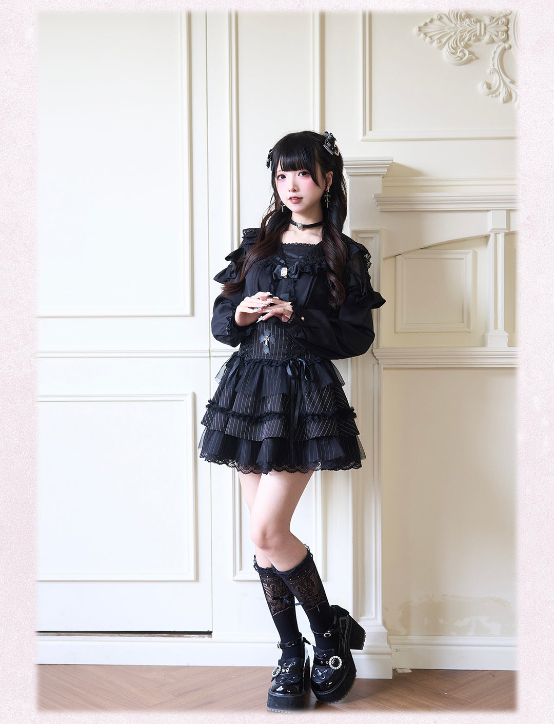 Sailor Collar Jirai Kei Blouse with Tulle Shoulder and Lace Frill 42523:744441