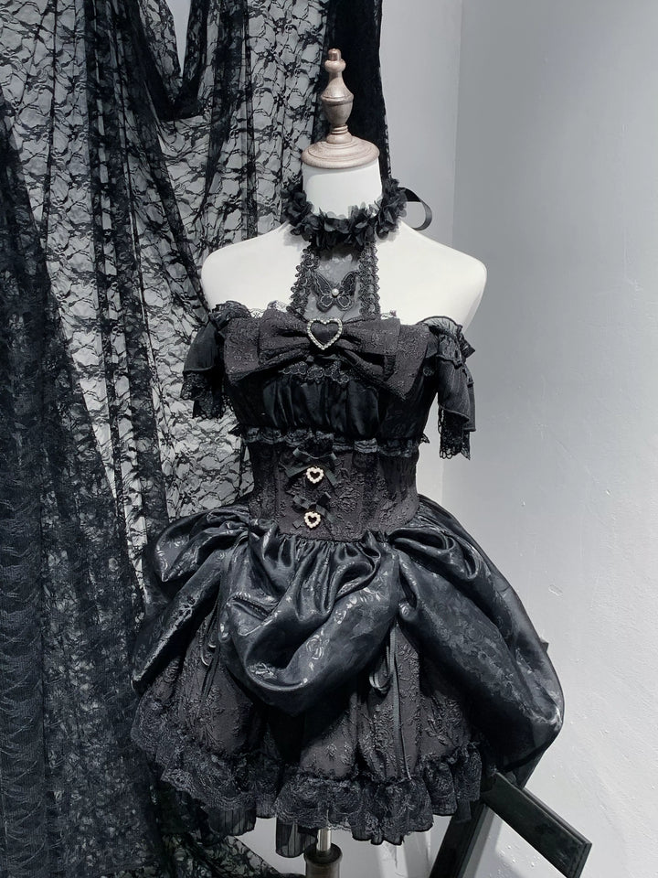 Black / White Jirai Kei Dress, Floral Lace & Halter Neck (L M S XL) 43105:765868