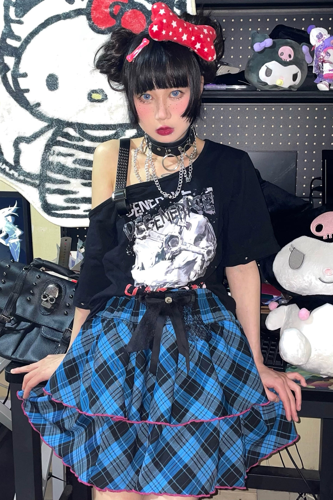 Punk Plaid Skirt Pink Blue Skirt Bow Layered Ruffle Skirt 33818:445932 33818:445932