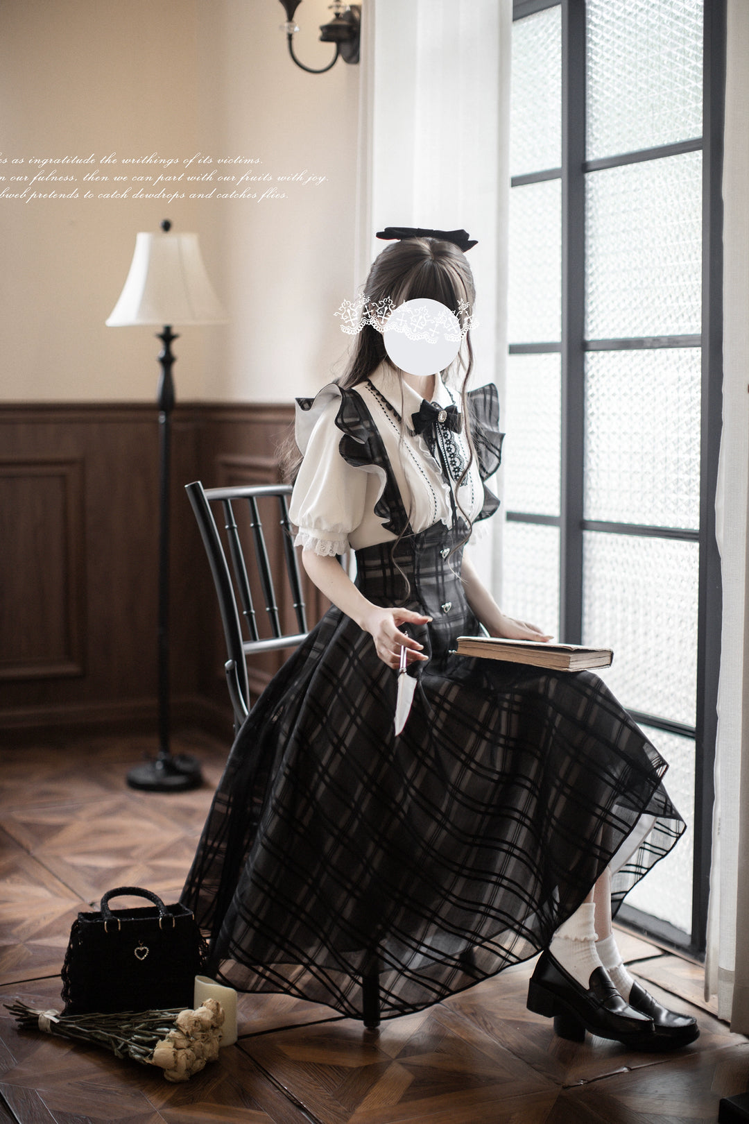 Black Plaid Jirai Kei Suspender Skirt, White Blouse 42918:760663