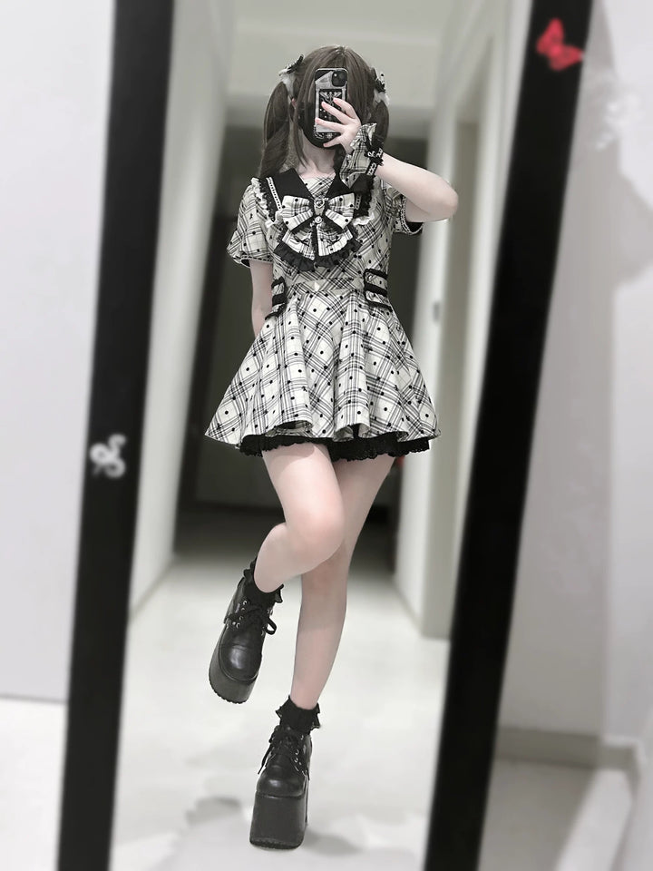 Cotton Lining Jirai Kei Dress, Plaid & Polka Dot Style 44924:829902