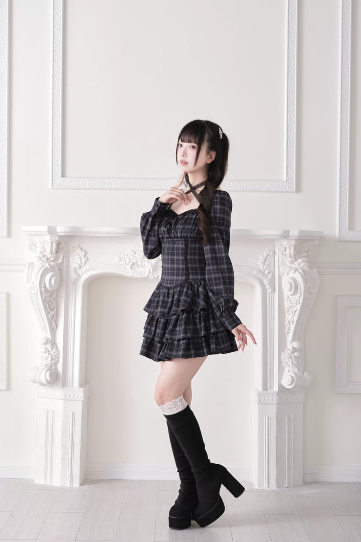 Jirai Kei Halter Neck Dress, Tiered Ruffles 44688:819242