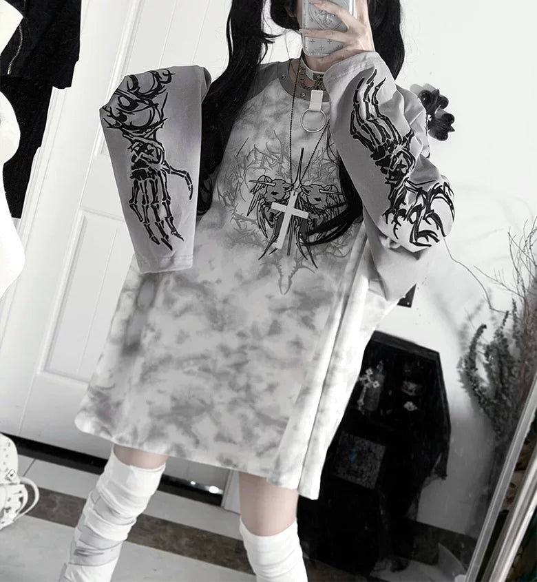 Gothic Long Sleeve Cotton T-Shirt, Demon Ram Embroidery 46062:875020