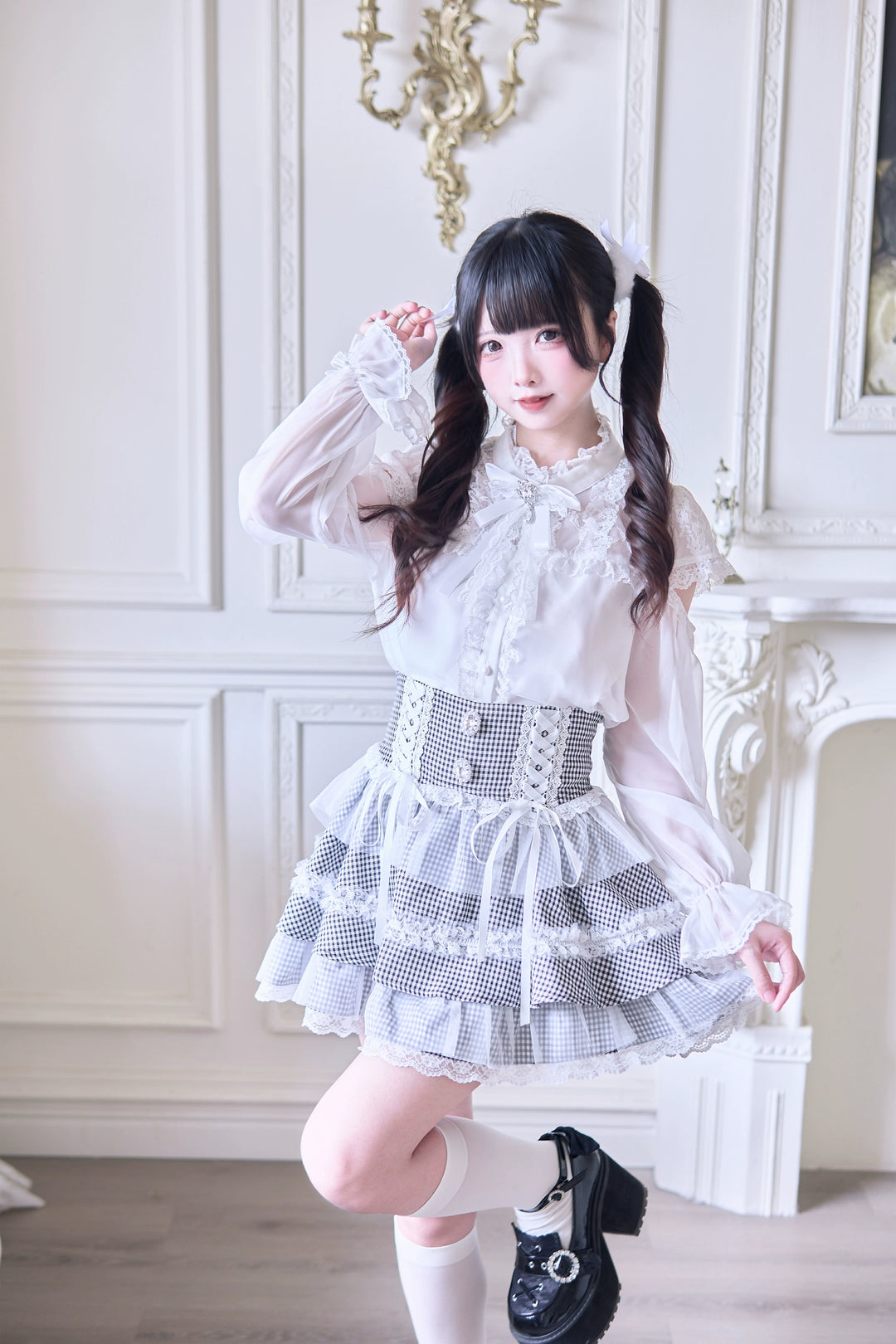 Jirai Kei Ruffle Tiered Skirt with Lace and Bows Multicolor 42894:758572