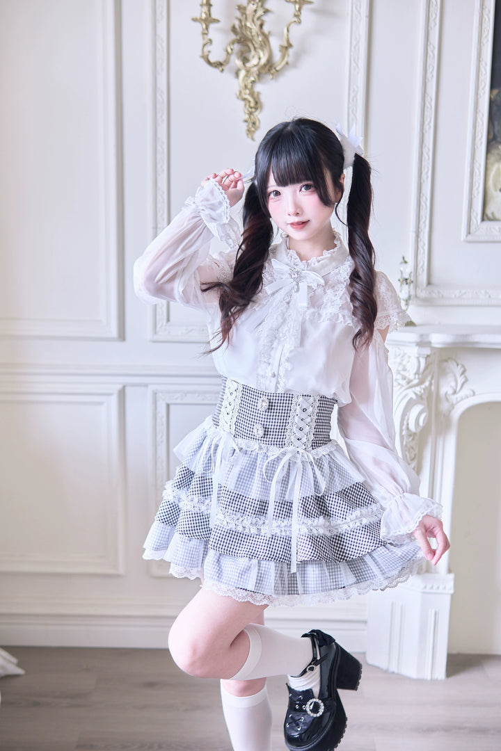 Jirai Kei Ruffle Tiered Skirt with Lace and Bows Multicolor 42894:758572
